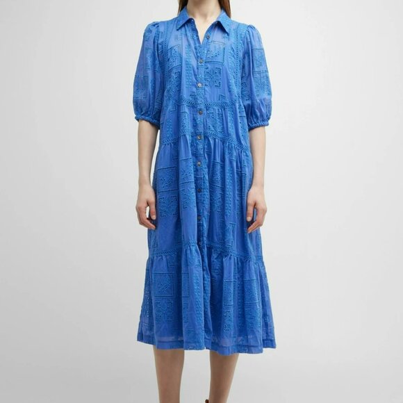 Johnny Was Sadie Embroidered Midi Shirtdress S Blue Eyelet Floral Button Up Boho - Picture 13 of 13